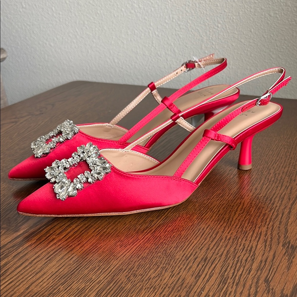 a new day Red Satin Slingback Heels with Rhinestone Buckles